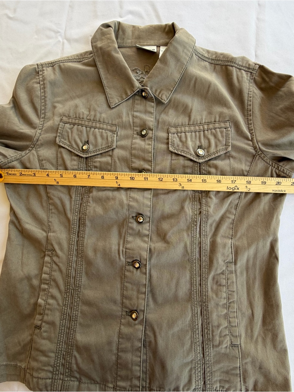 Chicos Size 1 Button Up Embellished Rhinestone Embroidered Khaki Green Jacket - Picture 5 of 12